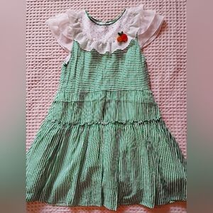 Green Striped Kids Casual Dress with Ruffle Sleeves
